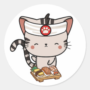 Pegatina Redonda Un gato satby gracioso es un chef de sushi