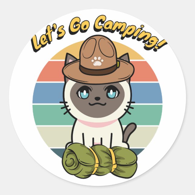 Pegatina Redonda Un gato siamés gracioso quiere ir de campamento (Anverso)
