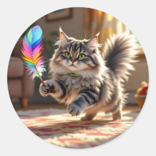 Pegatina Redonda Un gato suave y suave persiguiendo a una pluma