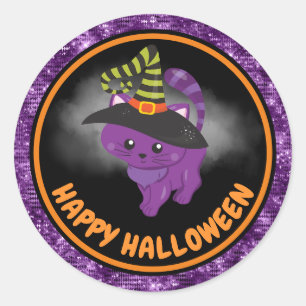 Pegatina Redonda Un gato y un Purpurina morado felices para los niñ