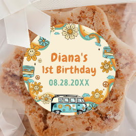 Pegatina Redonda Un Groovy Babe Retro Arcoiris primer cumpleaños