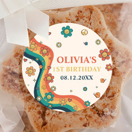 Pegatina Redonda Un Groovy Babe Retro Arcoiris primer cumpleaños