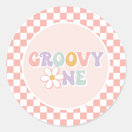 Pegatina Redonda Un Groovy chica Pink Daisy Checker
