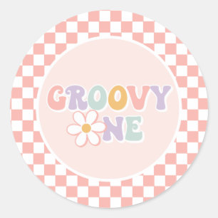 Pegatina Redonda Un Groovy chica Pink Daisy Checker