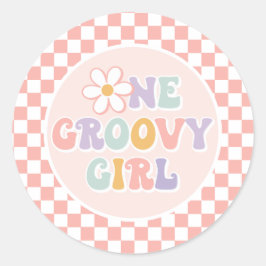 Pegatina Redonda Un Groovy chica Pink Daisy Checker