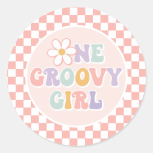 Pegatina Redonda Un Groovy chica Pink Daisy Checker