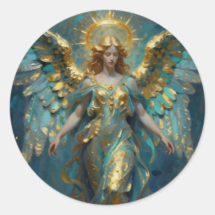 Pegatina Redonda Un hermoso ángel de oro y turquesa