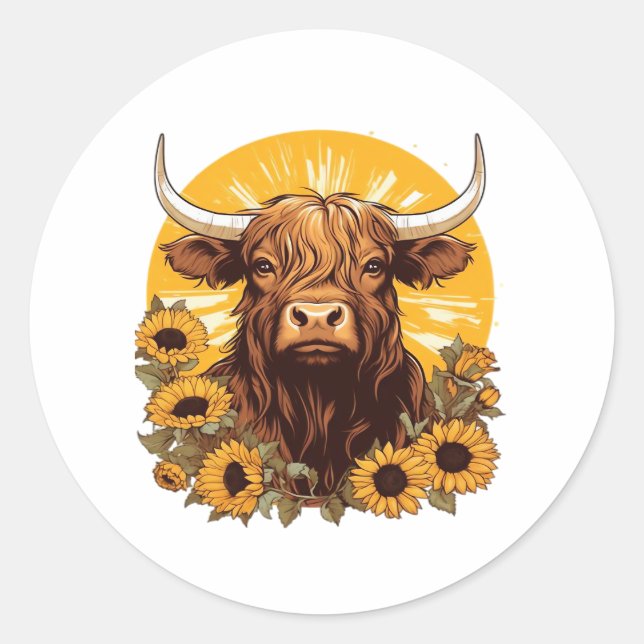 Pegatina Redonda Un Ilustracion de vaca de Highland con Sunflowers  (Anverso)