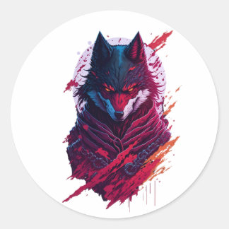 Pegatina Redonda Un ilustracion detallado enfrenta al lobo ninja ma