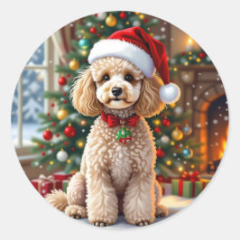 Pegatina Redonda Un lindo caniche festivo de Navidad