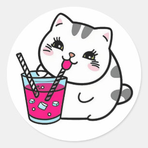 Pegatina Redonda Un lindo gato rosa bebe una paja