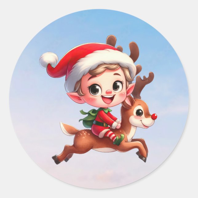 Pegatina Redonda Un lindo Navidad Elf recibiendo un paseo en Rudolp (Anverso)