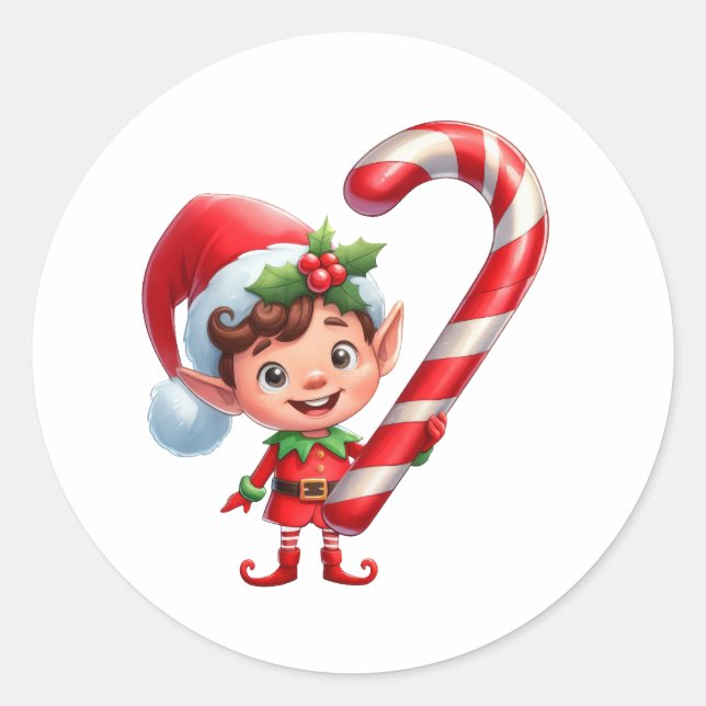 Pegatina Redonda Un lindo Navidad Elf sosteniendo un bote de carame (Anverso)