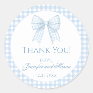 Pegatina Redonda Un niño bebé de la proa azul gingham gracias a los