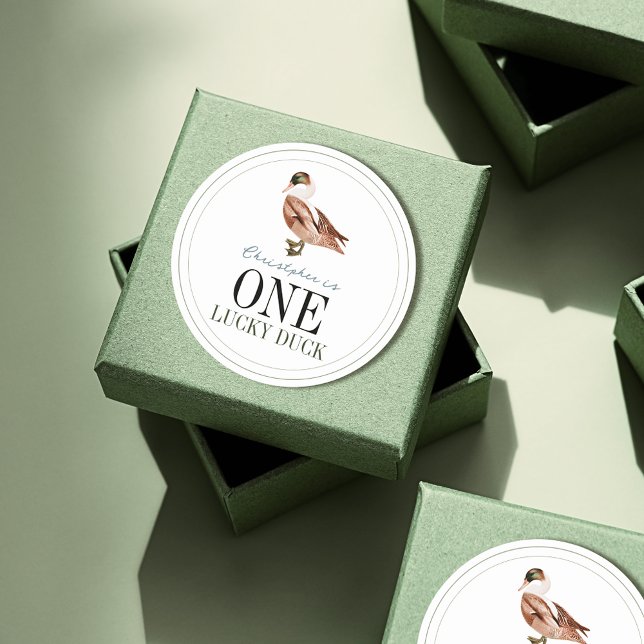 Pegatina Redonda Un niño clásico del pato afortunado, primer cumple (One Lucky Duck 1st Birthday Sticker)