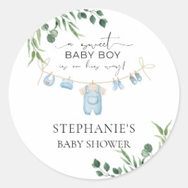 Pegatina Redonda Un niño dulce está en camino Lavandería Azul