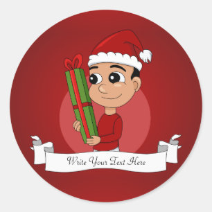 Pegatina Redonda Un niño lindo sosteniendo un regalo de Navidad