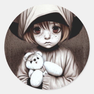 Pegatina Redonda Un niño mimado con Teddy Bear Halloween