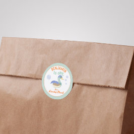 Pegatina Redonda Un pato afortunado y burbujas el primer cumpleaños