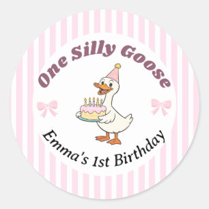 Pegatina Redonda Un Pato Tonto Lazo Rosa Cumpleaños 1