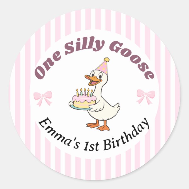 Pegatina Redonda Un Pato Tonto Lazo Rosa Cumpleaños 1 (Anverso)