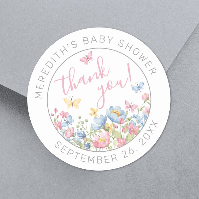 Pegatina Redonda Un pequeño Baby Shower con flores silvestres graci (A Little Wildflower Baby Shower Thank You Classic Round Sticker)