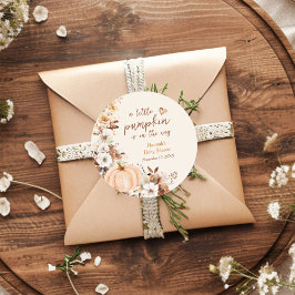 Pegatina Redonda Un pequeño Baby Shower floral de calabaza