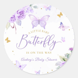Pegatina Redonda Un pequeño Baby Shower floral de morado de maripos