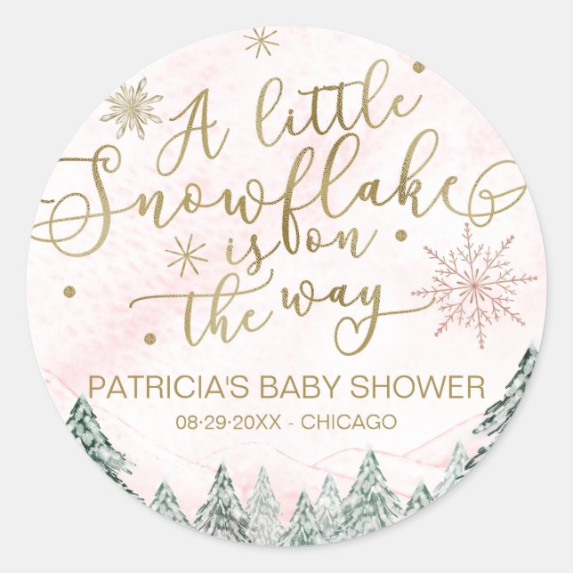 Pegatina Redonda Un pequeño Baby Shower rosado con copos de nieve (Anverso)
