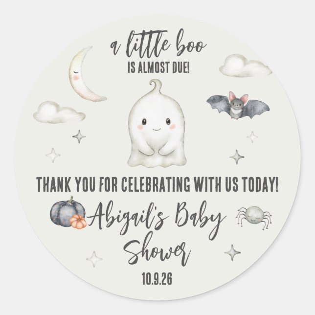 Pegatina Redonda ¡Un pequeño BOO casi está listo! Baby Shower de Ha (Anverso)