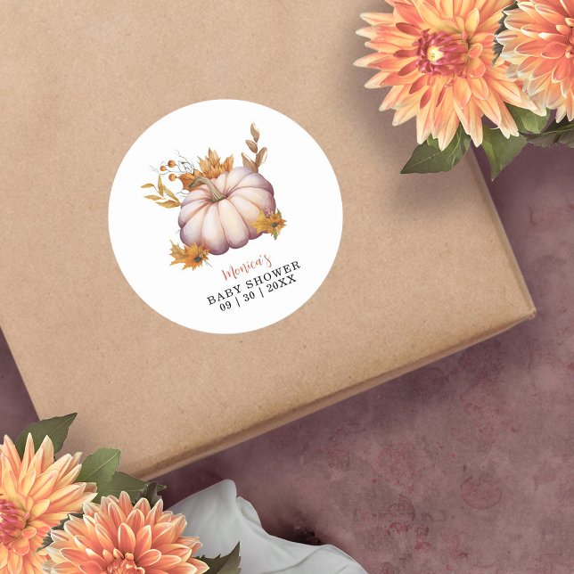 Pegatina Redonda Un pequeño calabaza en el otoño de la floral Baby  (A Little Pumpkin Autumn Fall Floral Baby Shower Classic Round Sticker)