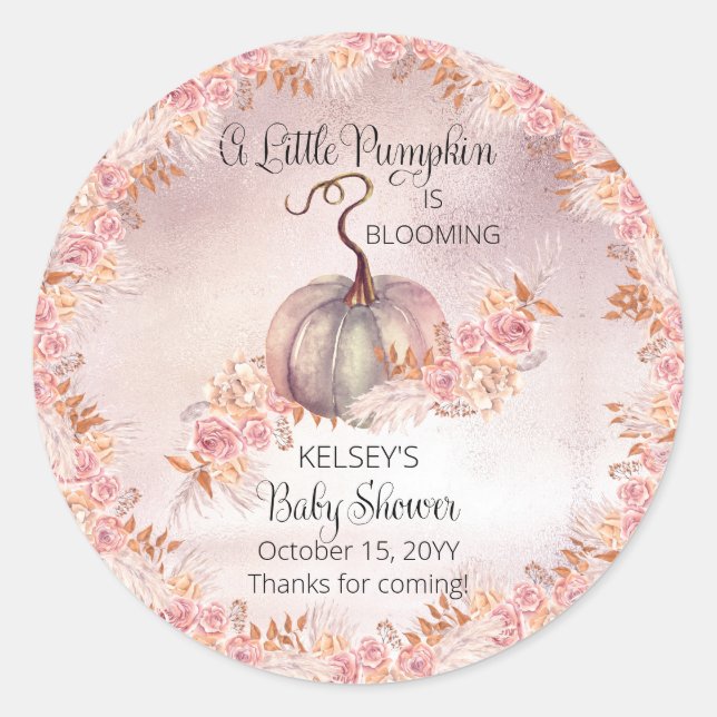 Pegatina Redonda Un pequeño calabaza está floreciendo Baby Shower r (Anverso)