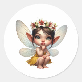 Pegatina Redonda Un pequeño hada mágico agachándose