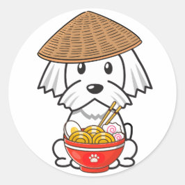Pegatina Redonda Un perro blanco gracioso come fideos