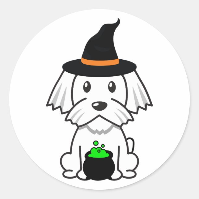 Pegatina Redonda Un perro blanco gracioso es una bruja. (Anverso)