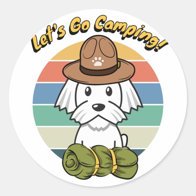 Pegatina Redonda Un perro blanco gracioso quiere ir de campamento (Anverso)