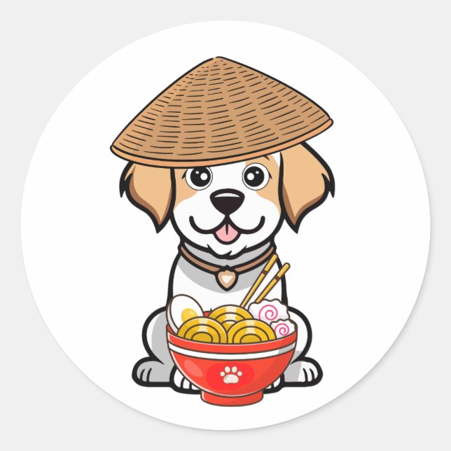 Pegatina Redonda Un perro feliz y gracioso come fideos (Anverso)