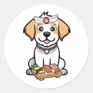 Pegatina Redonda Un perro feliz y gracioso es un chef de sushi