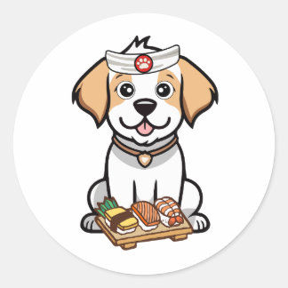 Pegatina Redonda Un perro feliz y gracioso es un chef de sushi