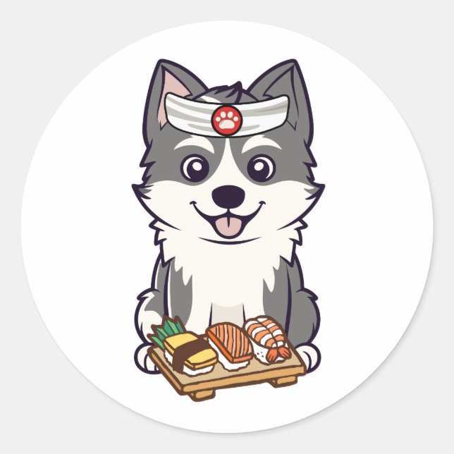 Pegatina Redonda Un perro gracioso es un chef de sushi (Anverso)