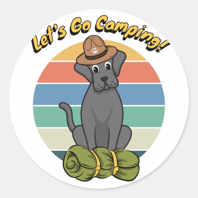 Pegatina Redonda Un perro grande gracioso quiere ir de campamento (Anverso)