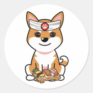 Pegatina Redonda Un perro naranja gracioso es un chef de sushi