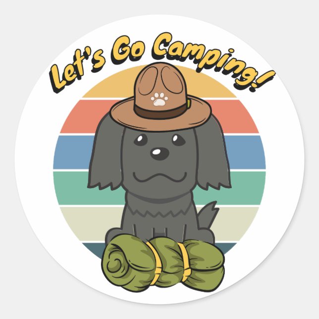 Pegatina Redonda Un perro negro gracioso quiere ir de campamento (Anverso)