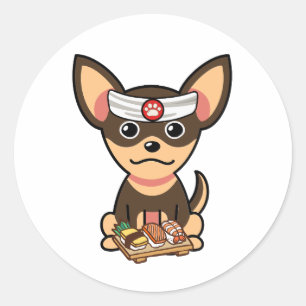 Pegatina Redonda Un perro pequeño y gracioso es un chef de sushi