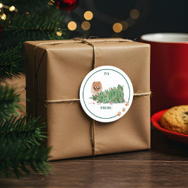 Pegatina Redonda Un perro travieso acuarela Chow derribó un árbol