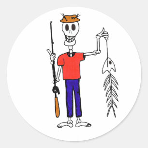 Pegatina Redonda Un pescador del Skeleton feliz con un pez esquelet