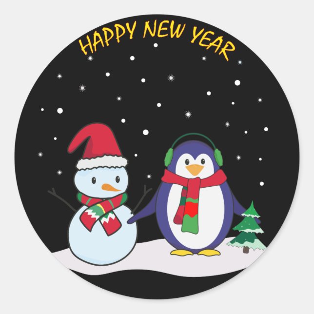 Pegatina Redonda Un pingüino y un muñeco de nieve, ¡Feliz Año Nuevo (Anverso)