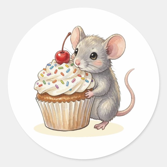 Pegatina Redonda Un ratón adorable de cumpleaños con pastelito (Anverso)