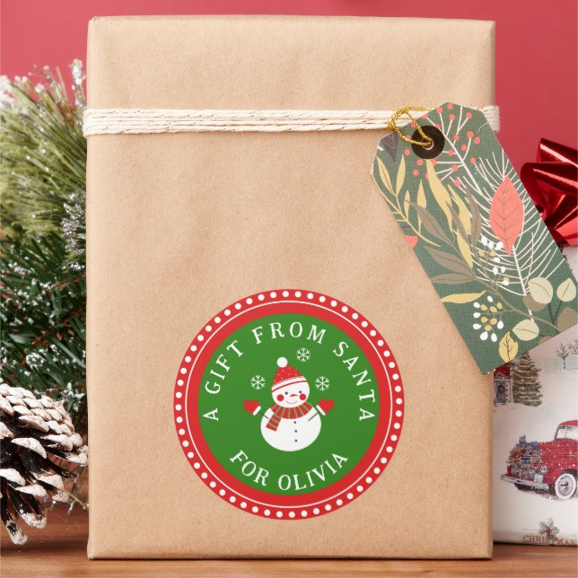 Pegatina Redonda Un regalo de Santa Cute Snowman (Vacaciones)