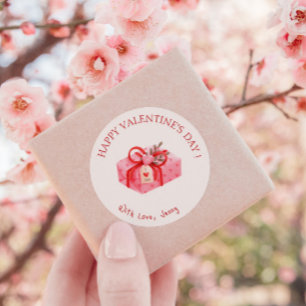 Pegatina Redonda Un regalo rosa lindo Feliz Día de San Valentín
